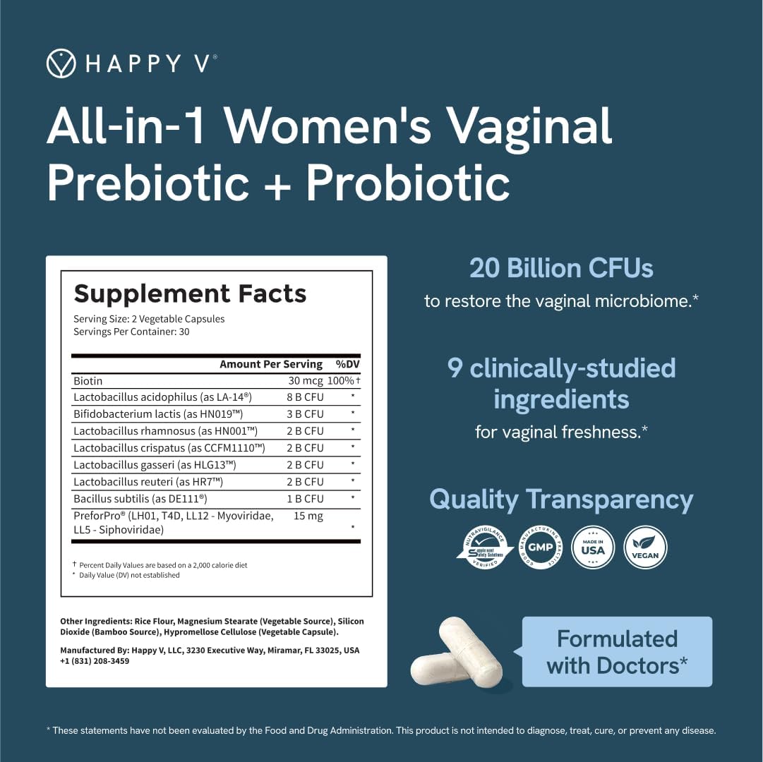 Happy V Dr. Formulated Vaginal Probiotics for Women Odor & Itch Support, Urinary & Gut Health, pH Balance